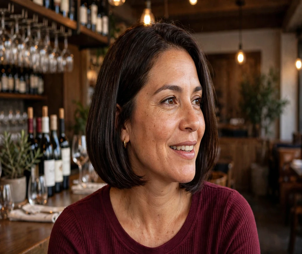 Woman with a dark chocolate Italian bob at a wine bar