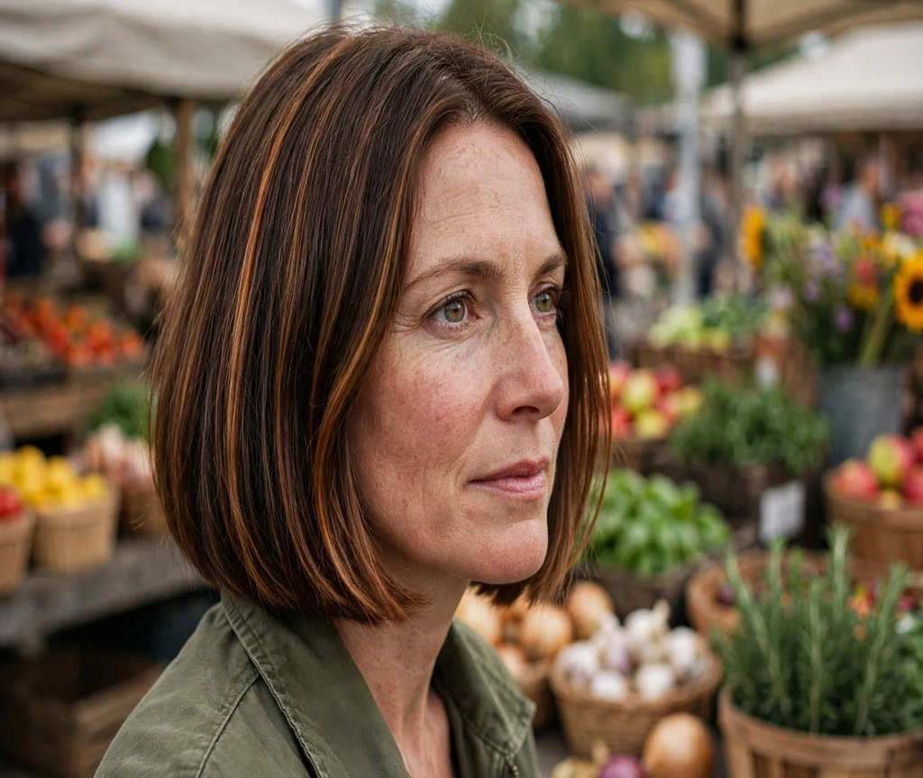 Woman with an Italian bob and copper highlights at a farmers market