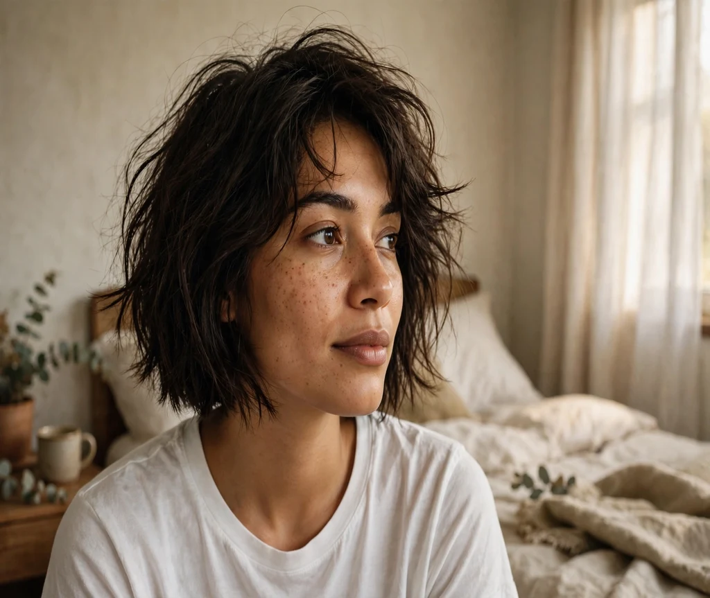Woman with a tousled bedhead Italian bob in a bedroom
