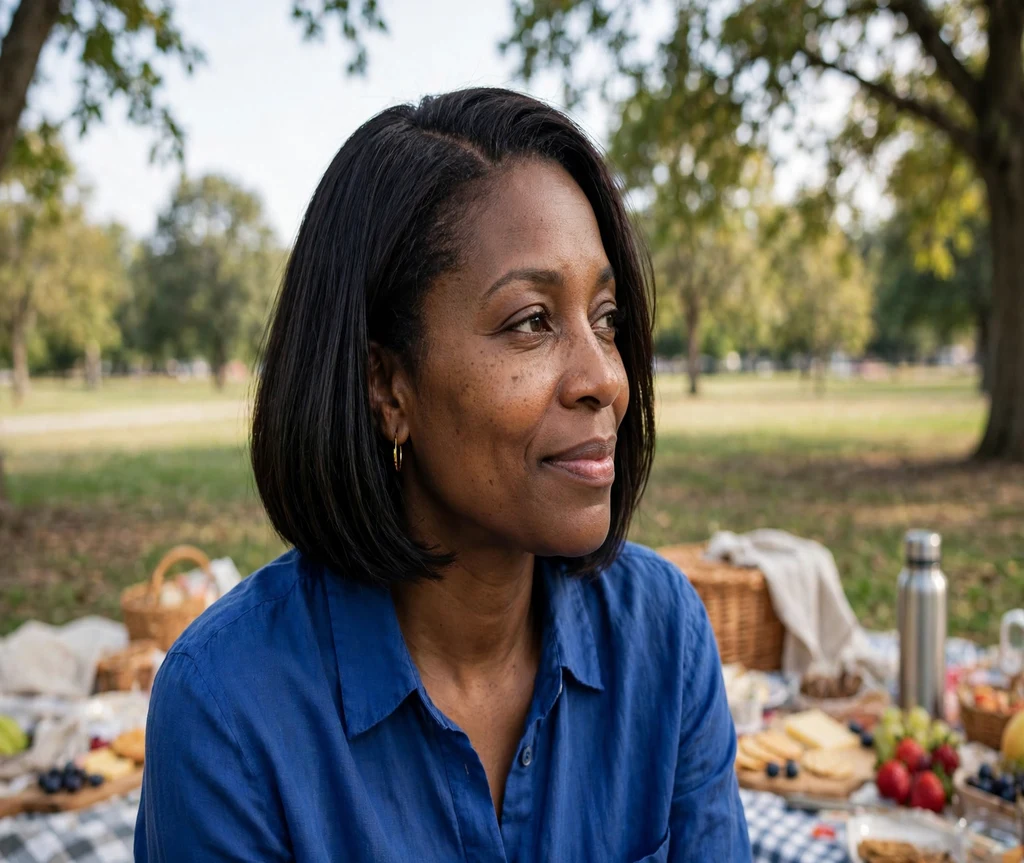 Woman with a deep side part Italian bob at a park picnic