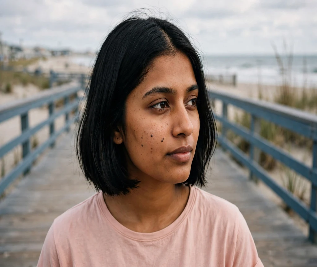Woman with a middle-part Italian bob on a beach boardwalk
