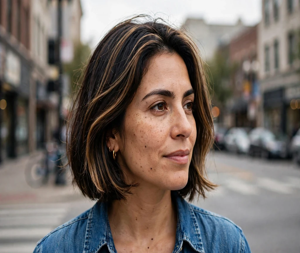 Woman with an Italian bob and chunky highlights on a downtown street