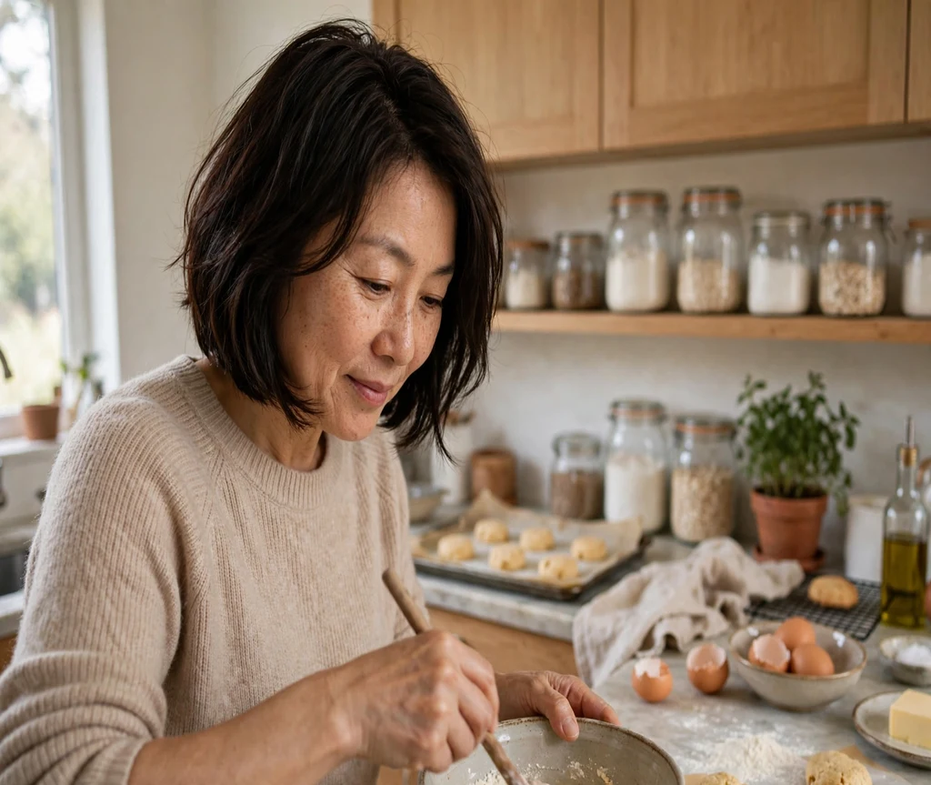 Woman with a layered Italian bob for fine hair in a kitchen