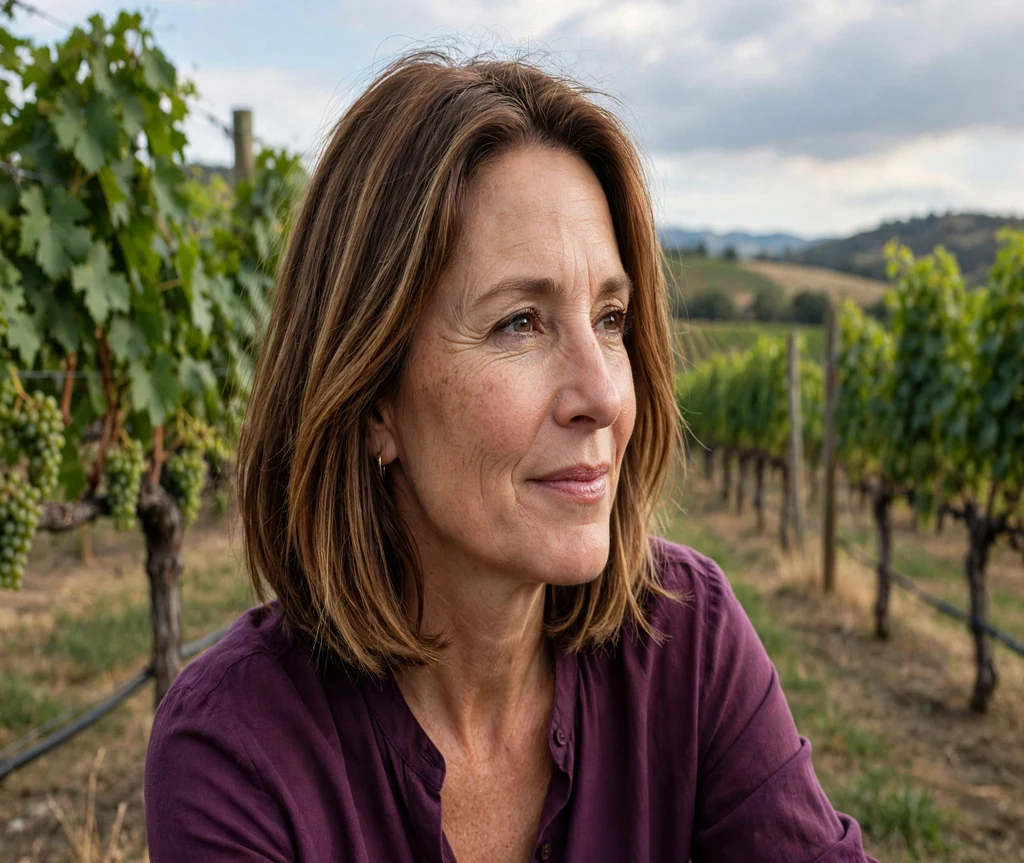 Woman with a warm brunette balayage Italian bob at a vineyard