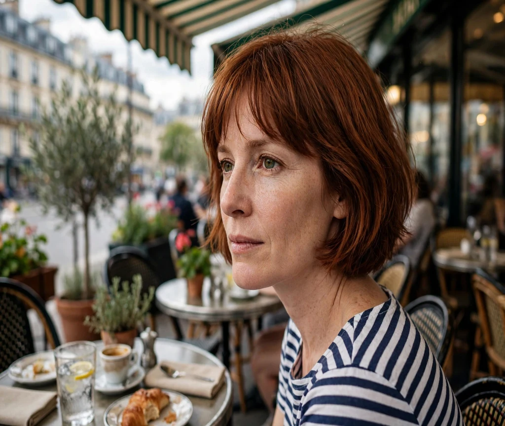 Woman with a French-inspired Italian bob at a Paris-style cafe