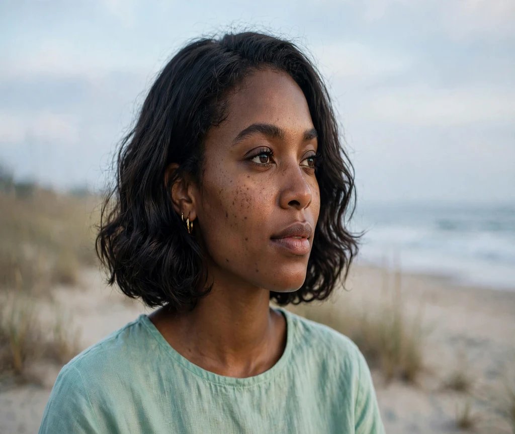 Woman with a softly curled Italian bob at the beach