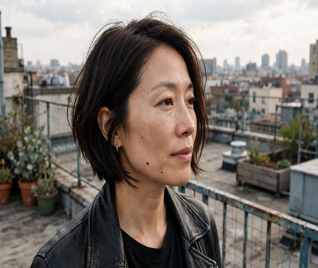 Woman with an asymmetric Italian bob on a city rooftop