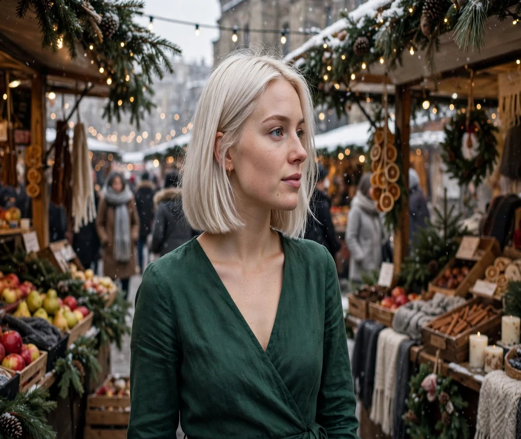 Woman with a platinum blonde Italian bob at a winter market