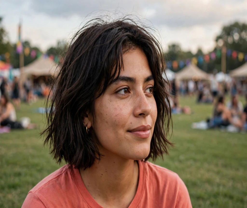 Woman with a choppy Italian bob on a music festival lawn