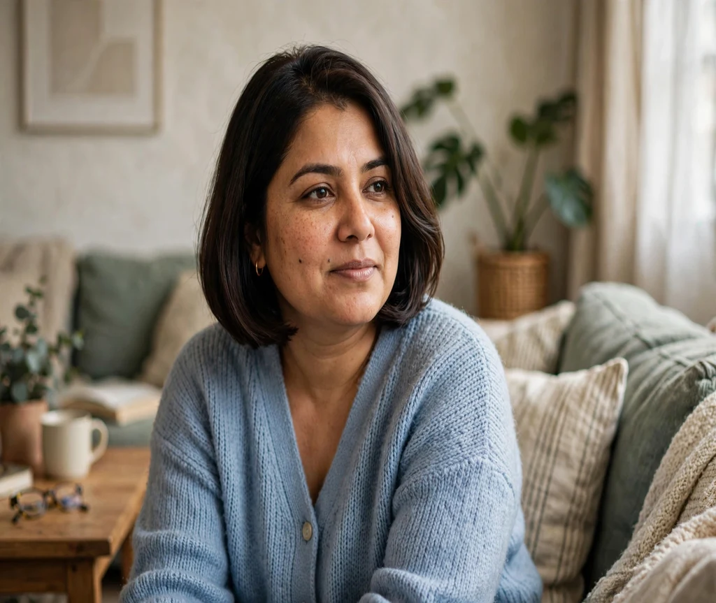 Woman with an Italian bob styled for a round face on a couch