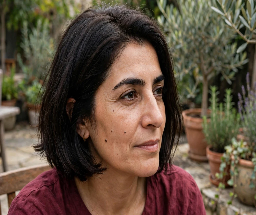Woman with a thick-haired Italian bob on a garden patio
