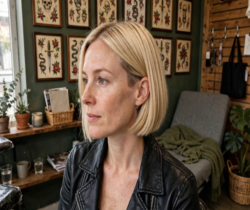 Woman with an Italian bob and hidden undercut at a studio