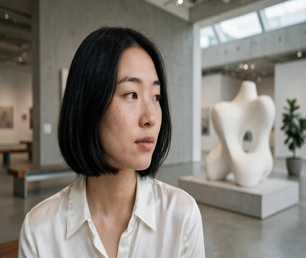 Woman with a glass-smooth Italian bob at an art museum
