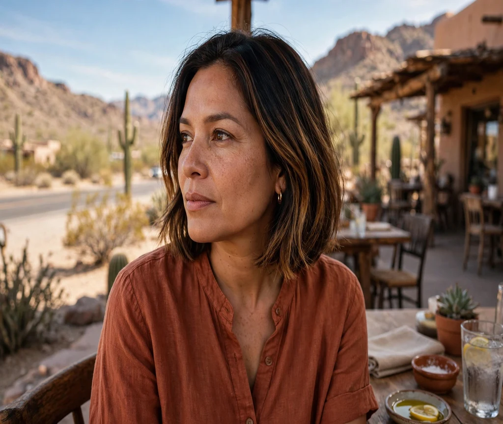 Woman with a caramel ombre Italian bob at a desert cafe