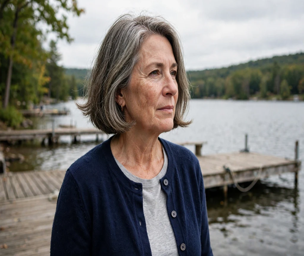 Woman with a flipped-ends Italian bob on a lake dock