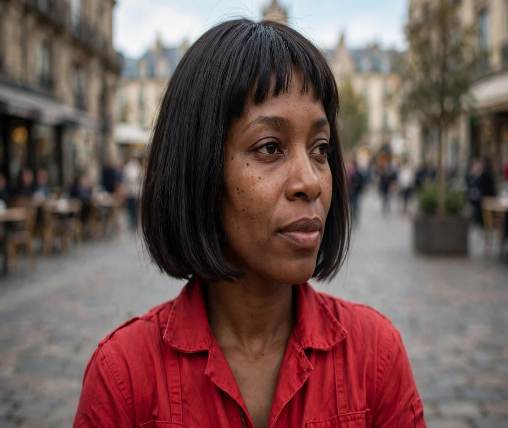 Woman with an Italian bob and micro bangs in a city plaza
