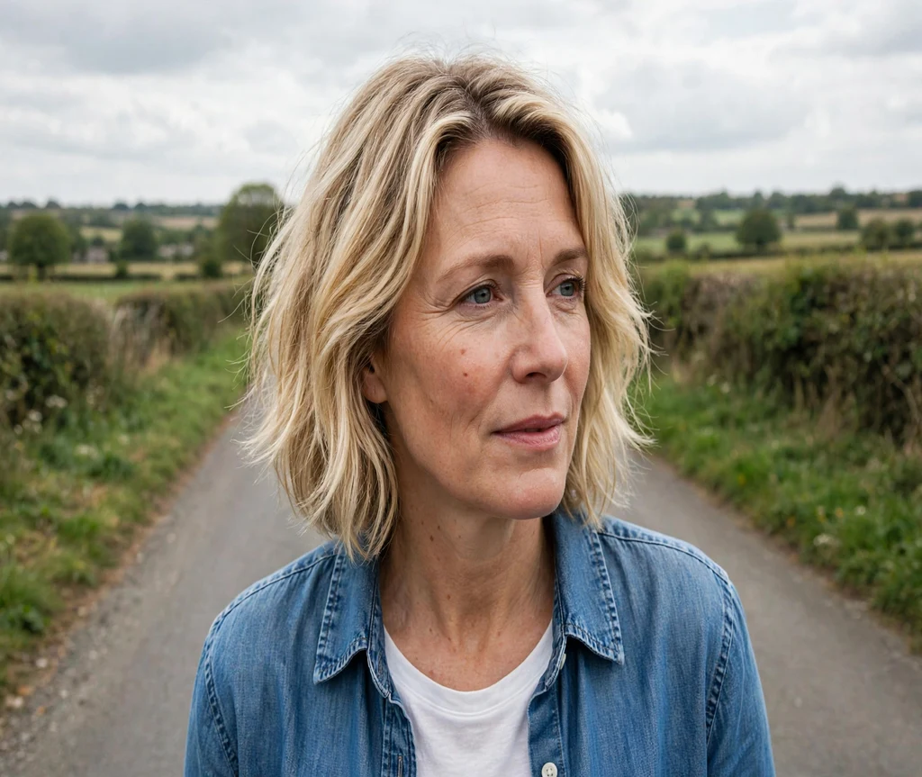 Woman with a grown-out Italian bob on a countryside road