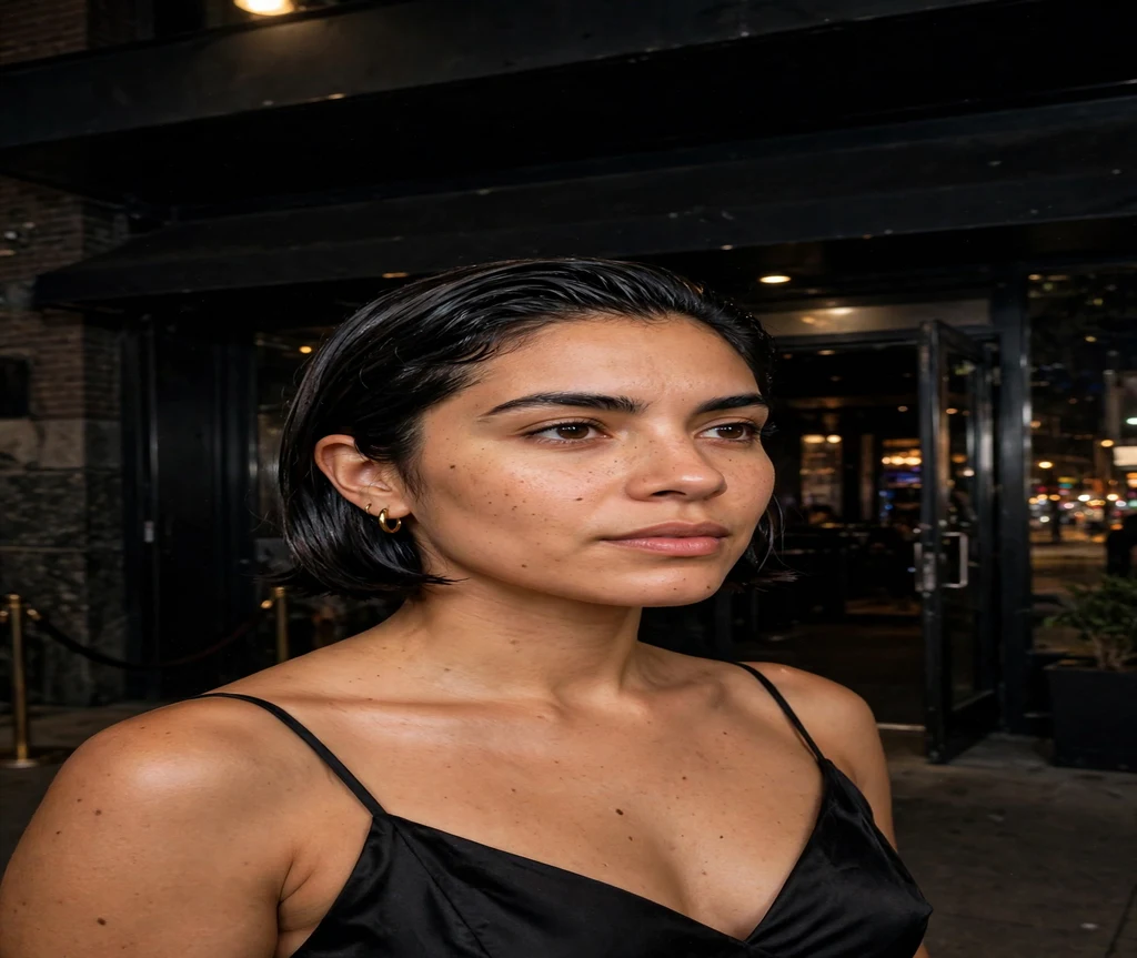 Woman with a slicked-back Italian bob at a nightclub entrance