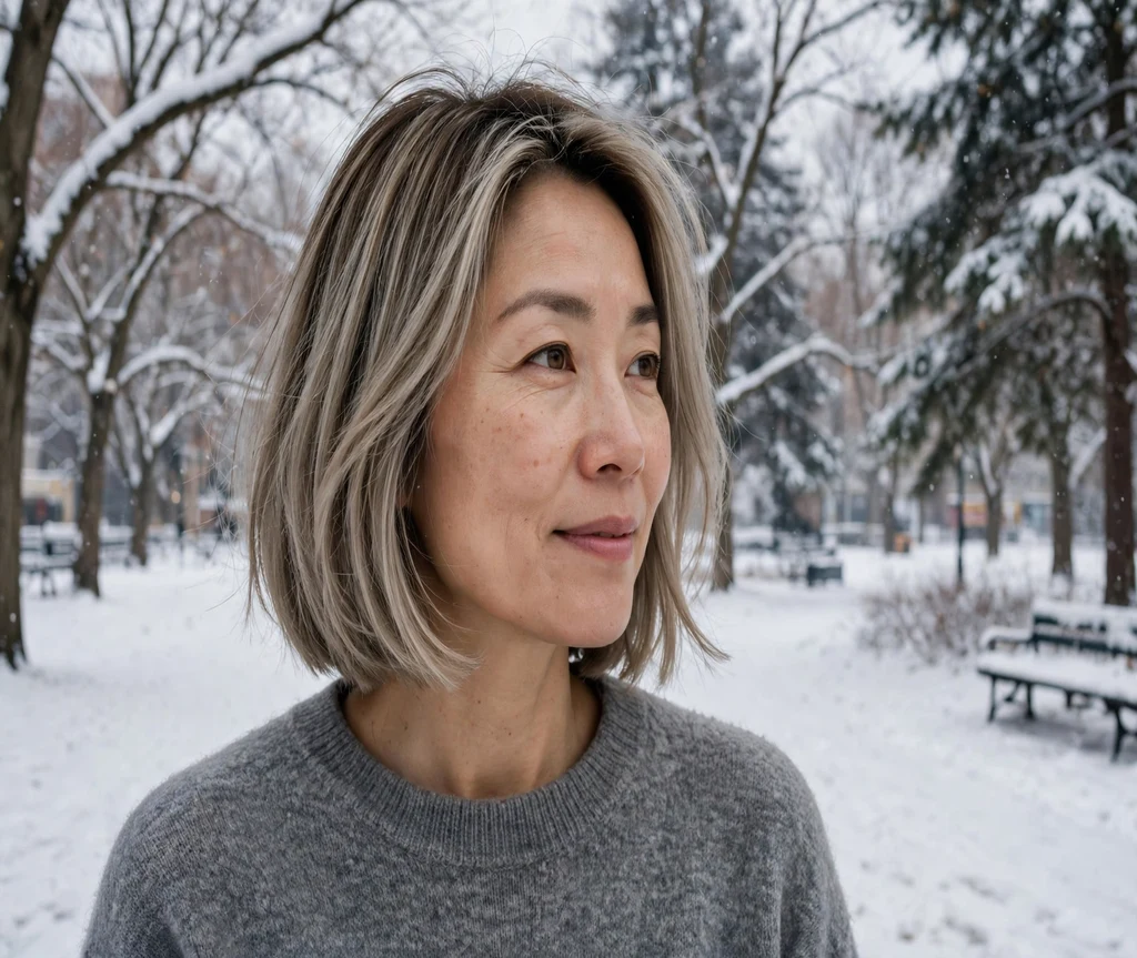 Woman with an ash blonde Italian bob in a snowy park