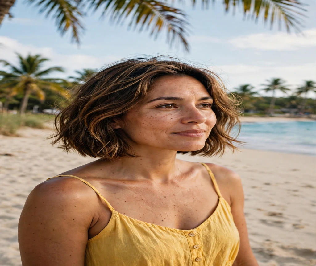 Woman with a sunkissed highlighted Italian bob on a tropical beach