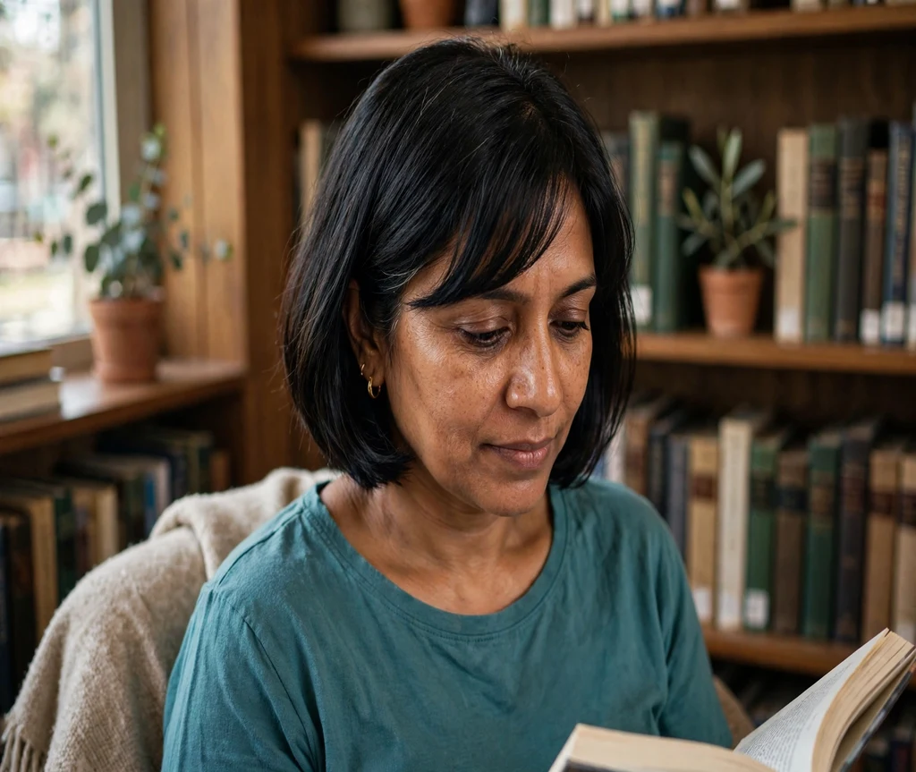 Woman with an Italian bob for a heart-shaped face in a library