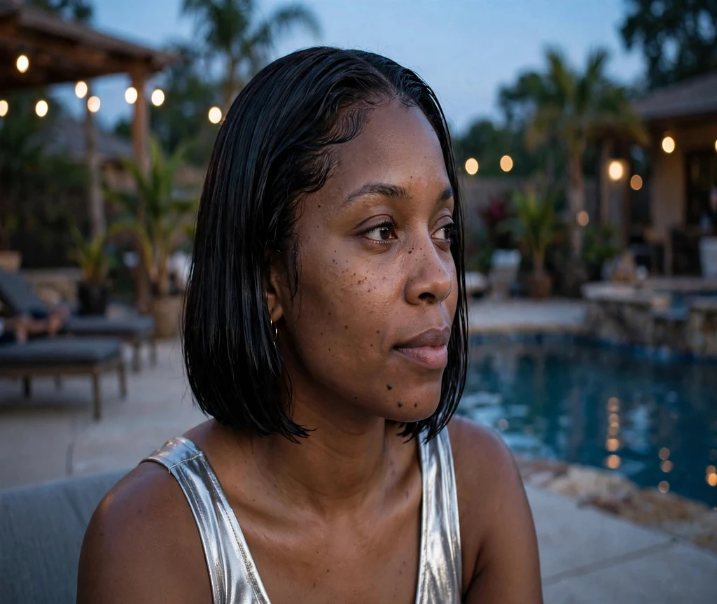 Woman with a wet-look Italian bob poolside in the evening