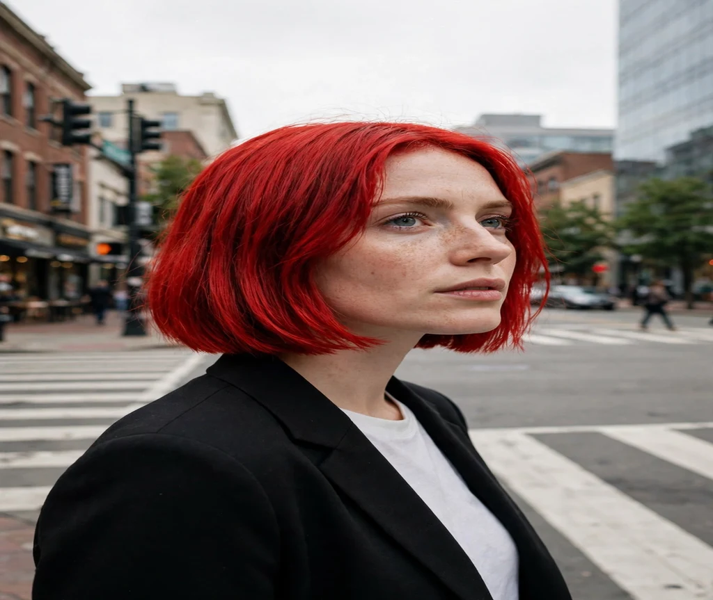 Woman with a bold red Italian bob at a downtown crosswalk