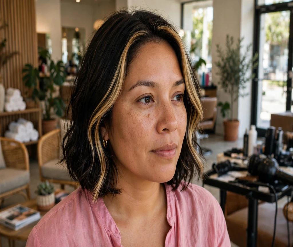 Woman with an Italian bob and money-piece highlights in a salon lobby