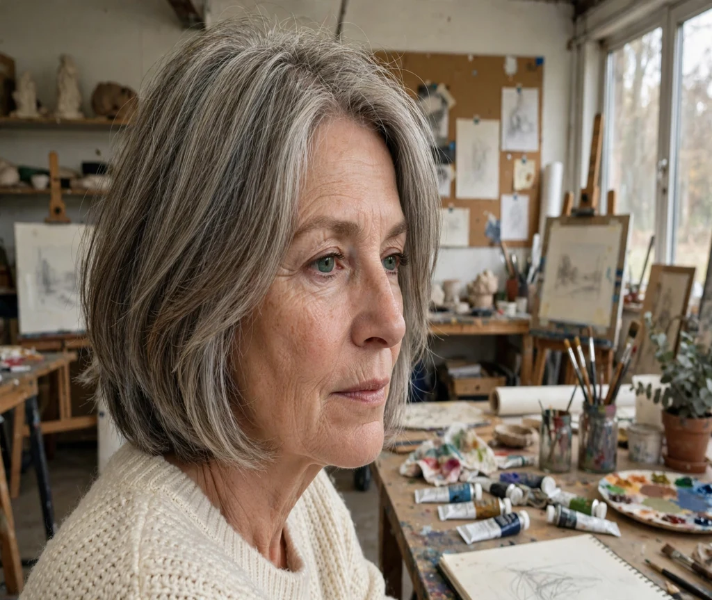Woman over 50 with a layered Italian bob in an art studio