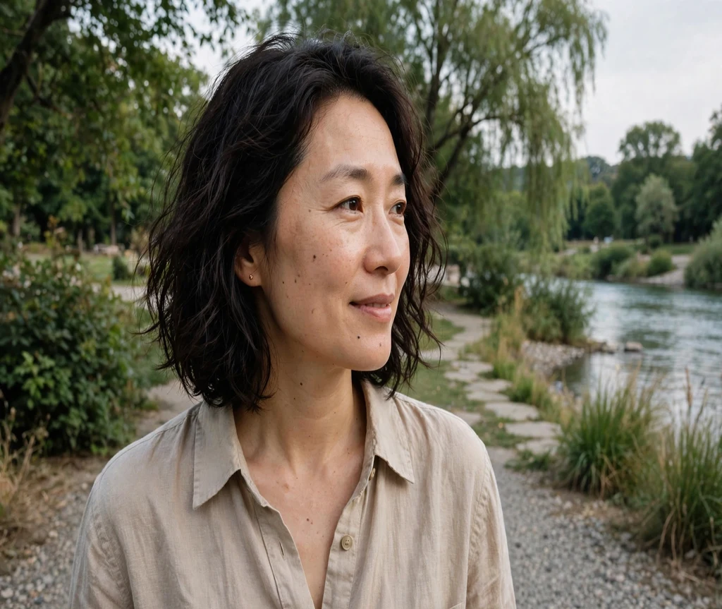 Woman with an air-dried Italian bob on a riverside walk