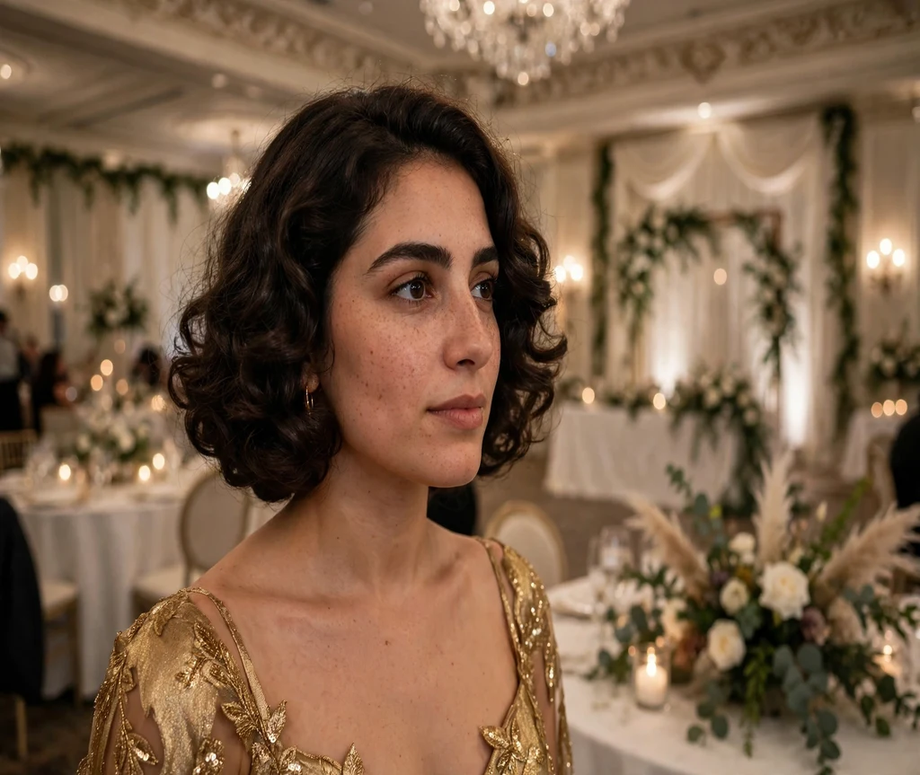 Woman with a glamorous Italian bob at a wedding venue ballroom