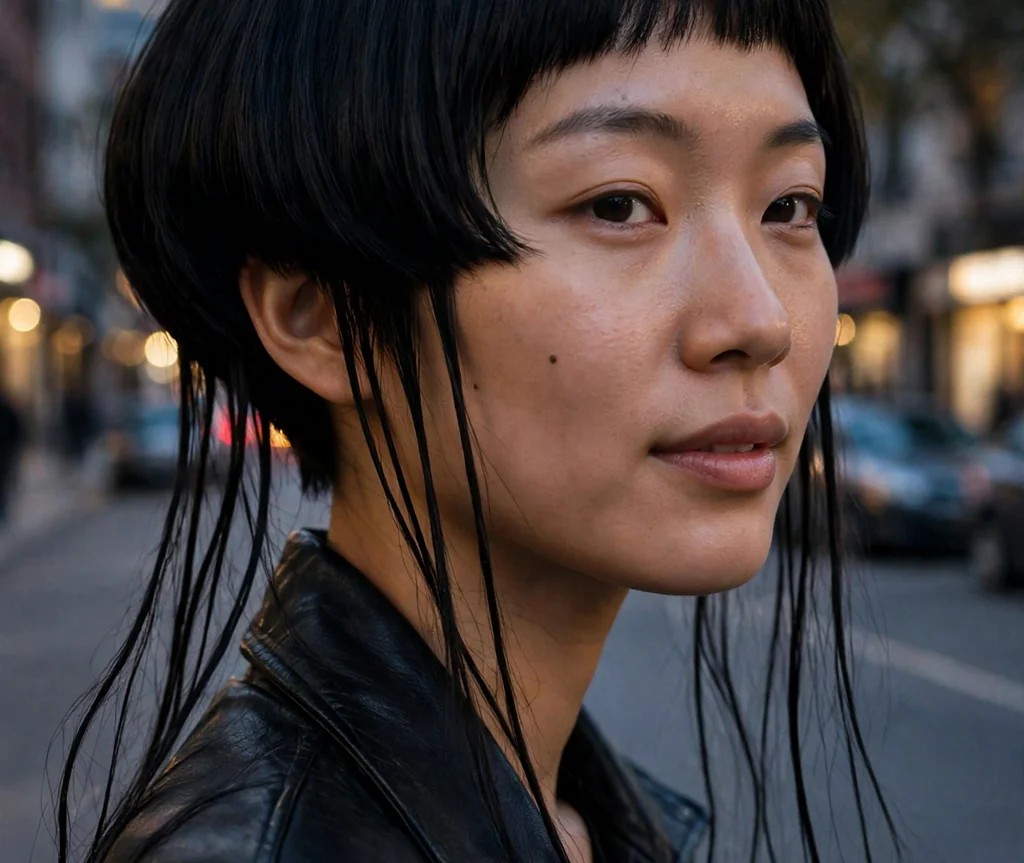 Young woman with a black jellyfish haircut and long tentacle strands on a city street at dusk