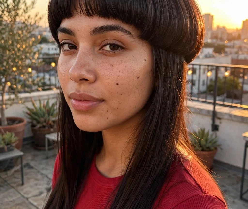 Woman with a classic dark brown jellyfish haircut on a rooftop terrace at golden hour