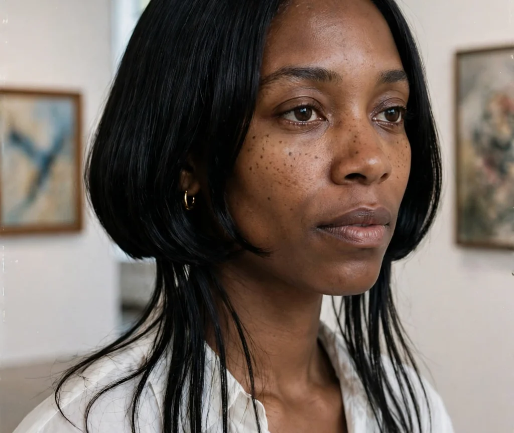Woman with a short black jellyfish bob in an art gallery
