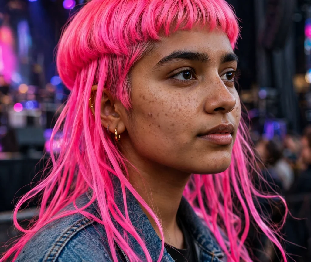 Young woman with a neon pink jellyfish haircut at a concert venue