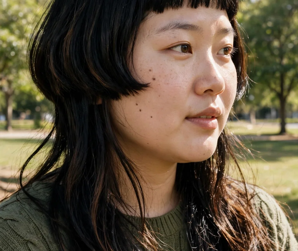 Woman with a jellyfish haircut and blunt fringe in a sunny park