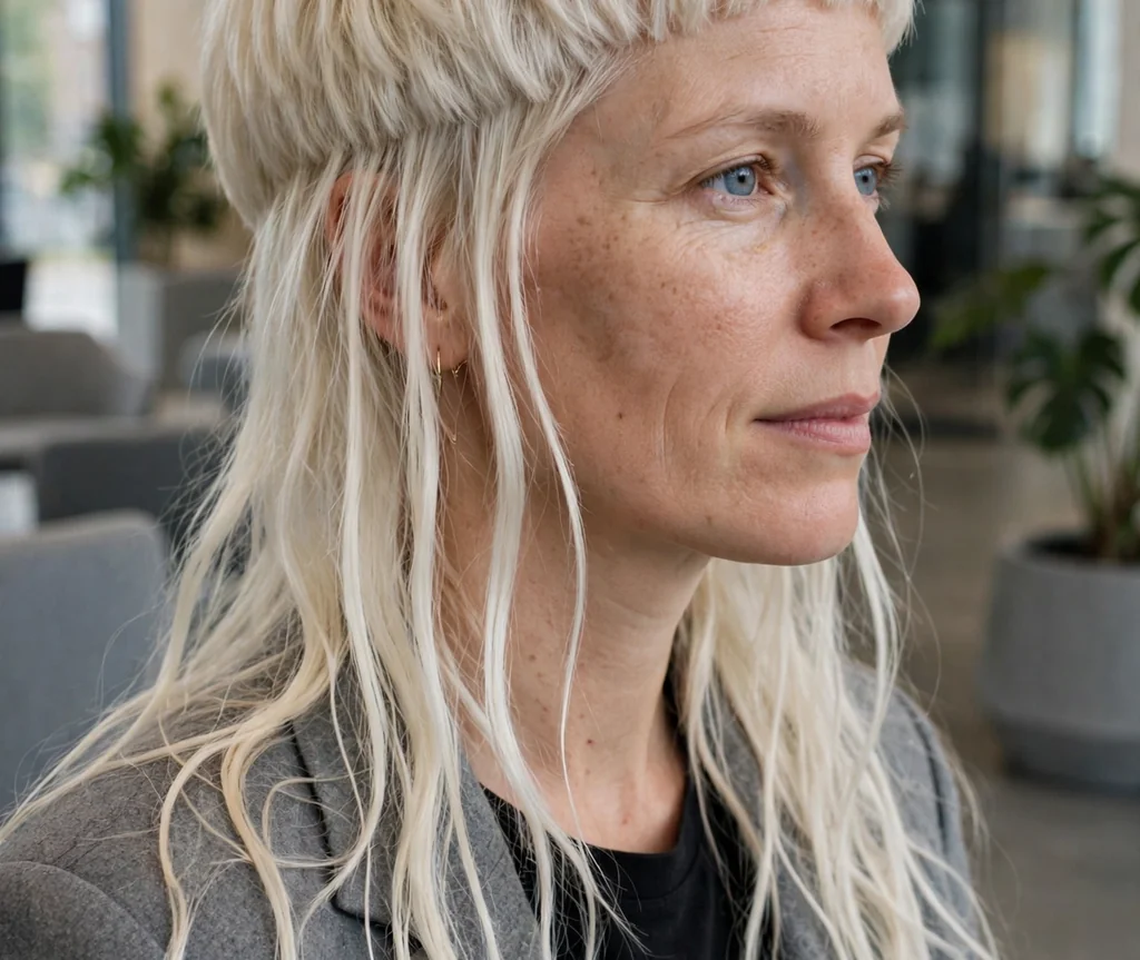 Woman with a platinum blonde jellyfish haircut in a modern office lobby