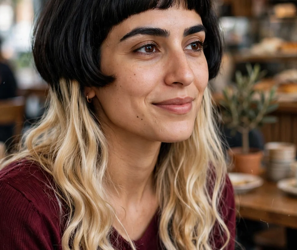 Woman with a black and blonde two-tone jellyfish haircut at a cafe