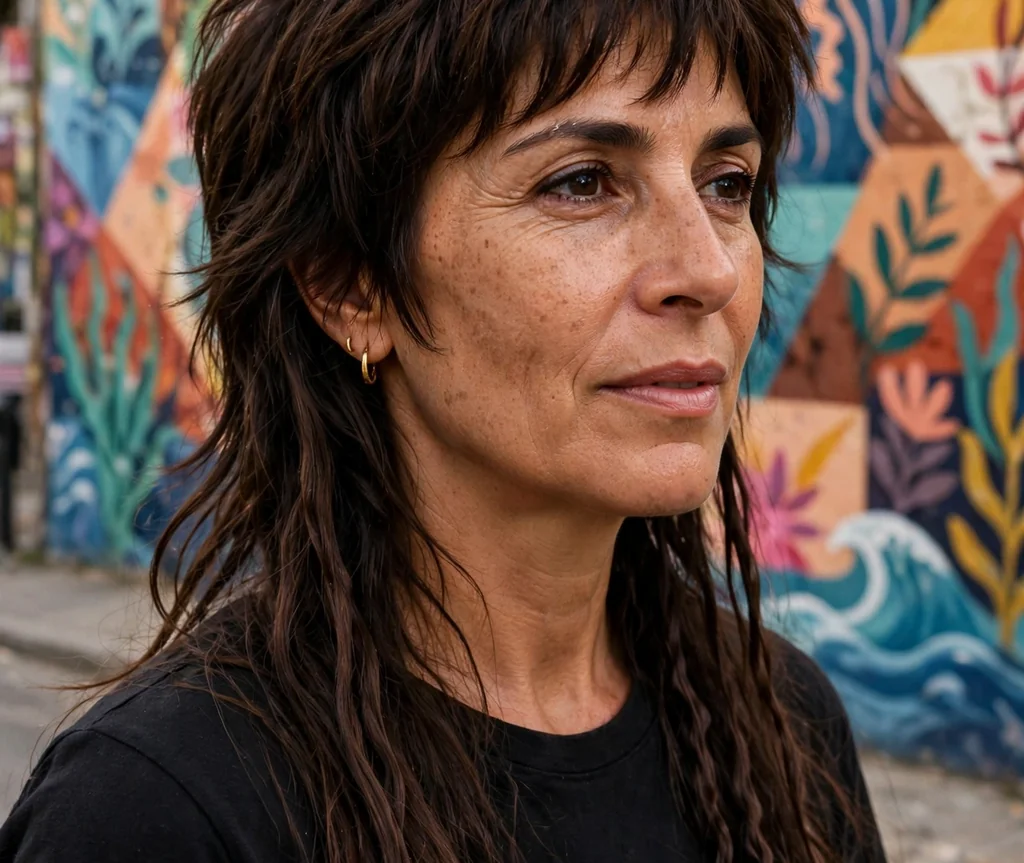 Woman with a jellyfish mullet fusion haircut in front of a street mural