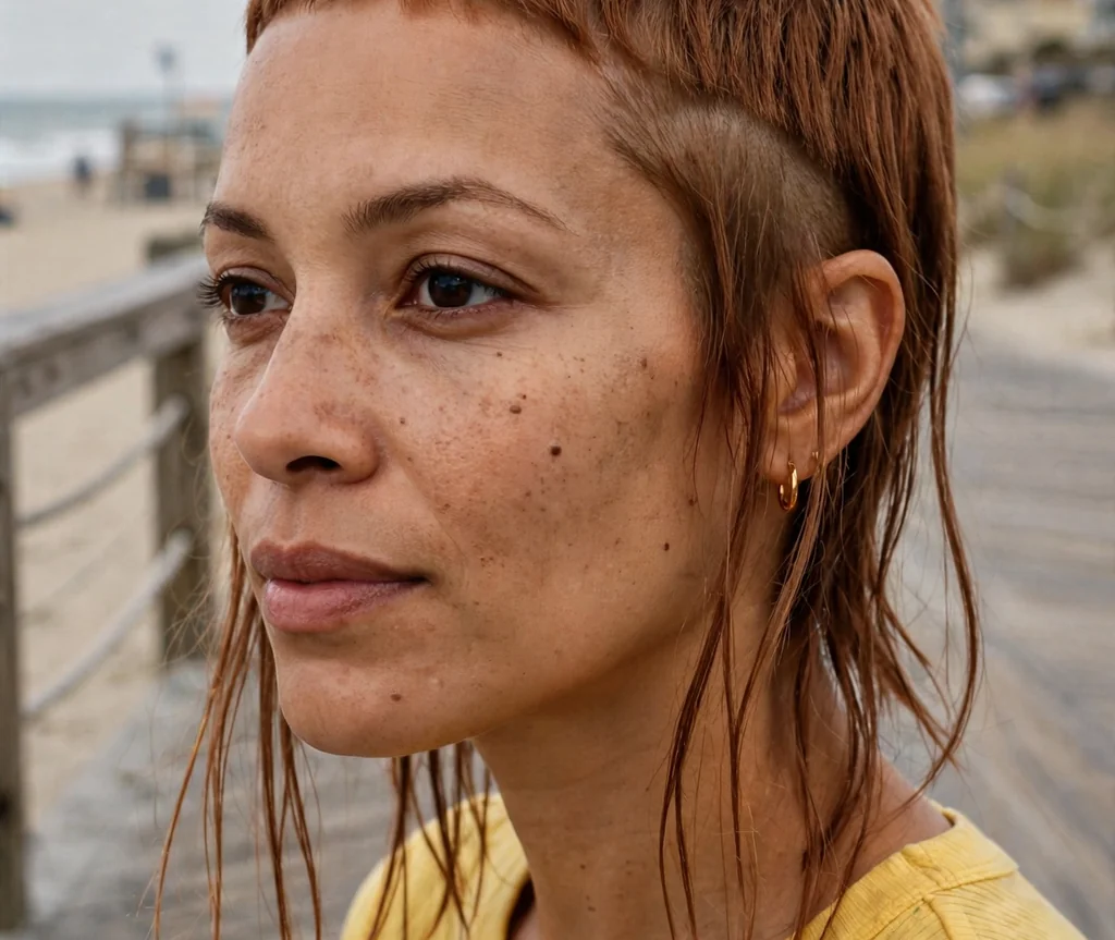 Woman with a micro pixie jellyfish haircut on a beach boardwalk