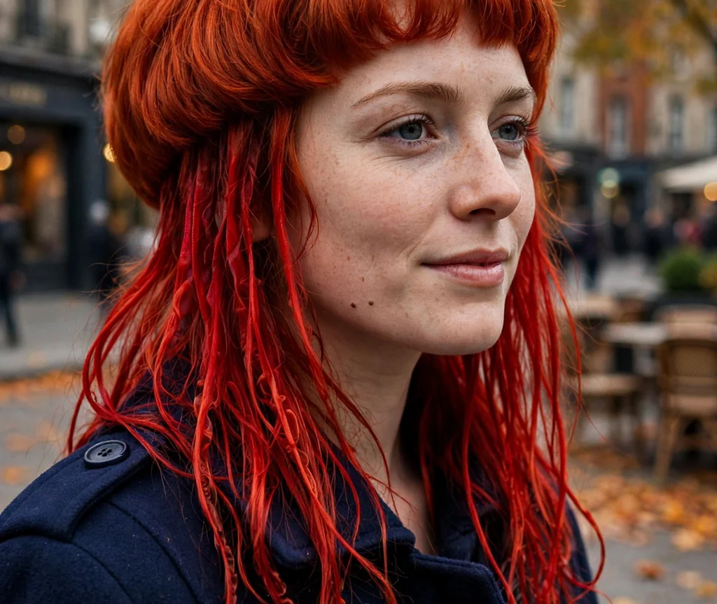 Woman with a fiery red jellyfish haircut in a city square