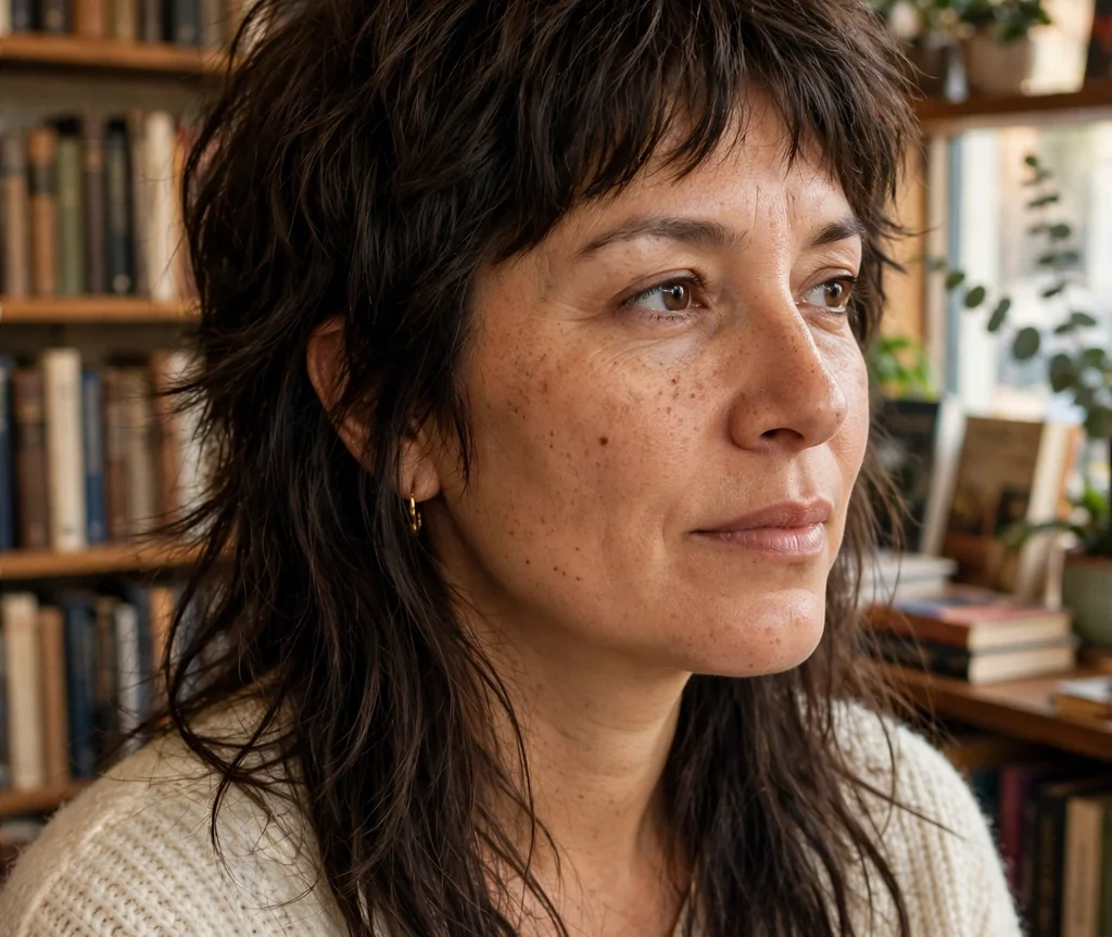 Woman with a shaggy textured jellyfish haircut in a bookshop