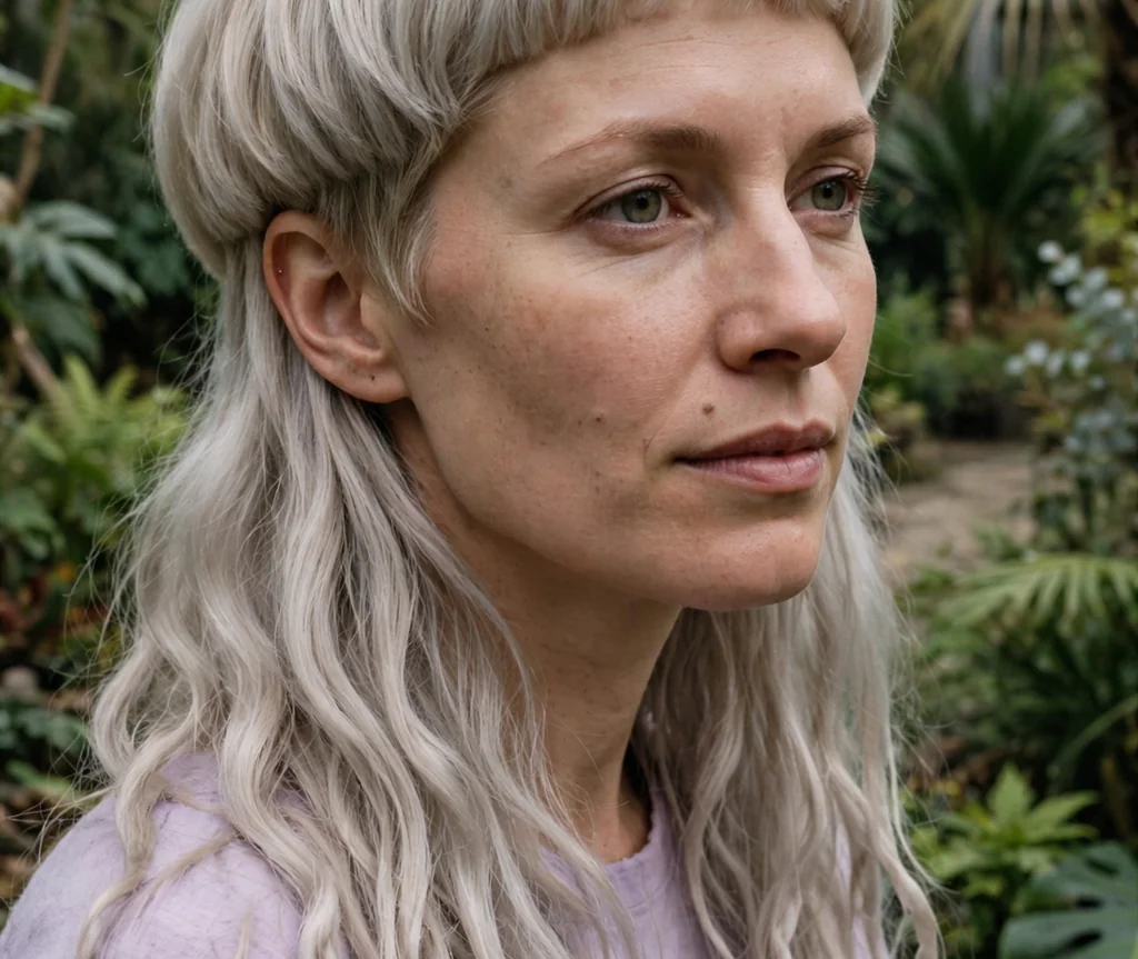 Woman with an ash blonde jellyfish haircut in a botanical garden