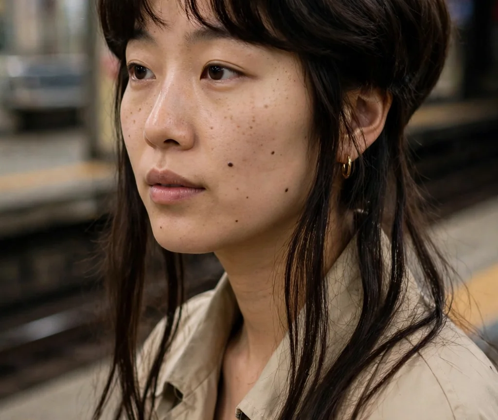 Woman with a jellyfish haircut and curtain bangs on a subway platform