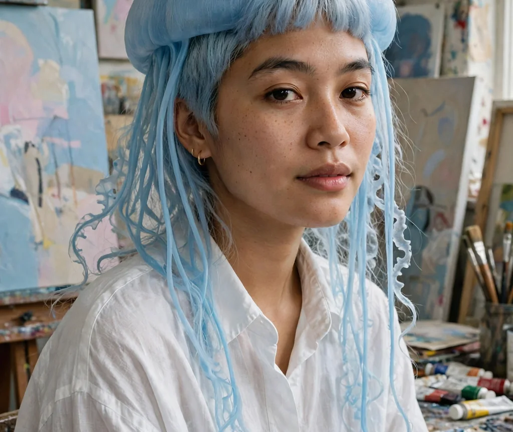 Woman with a pastel blue jellyfish haircut in an art studio