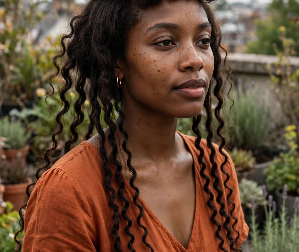 Woman with a curly jellyfish haircut in a rooftop garden