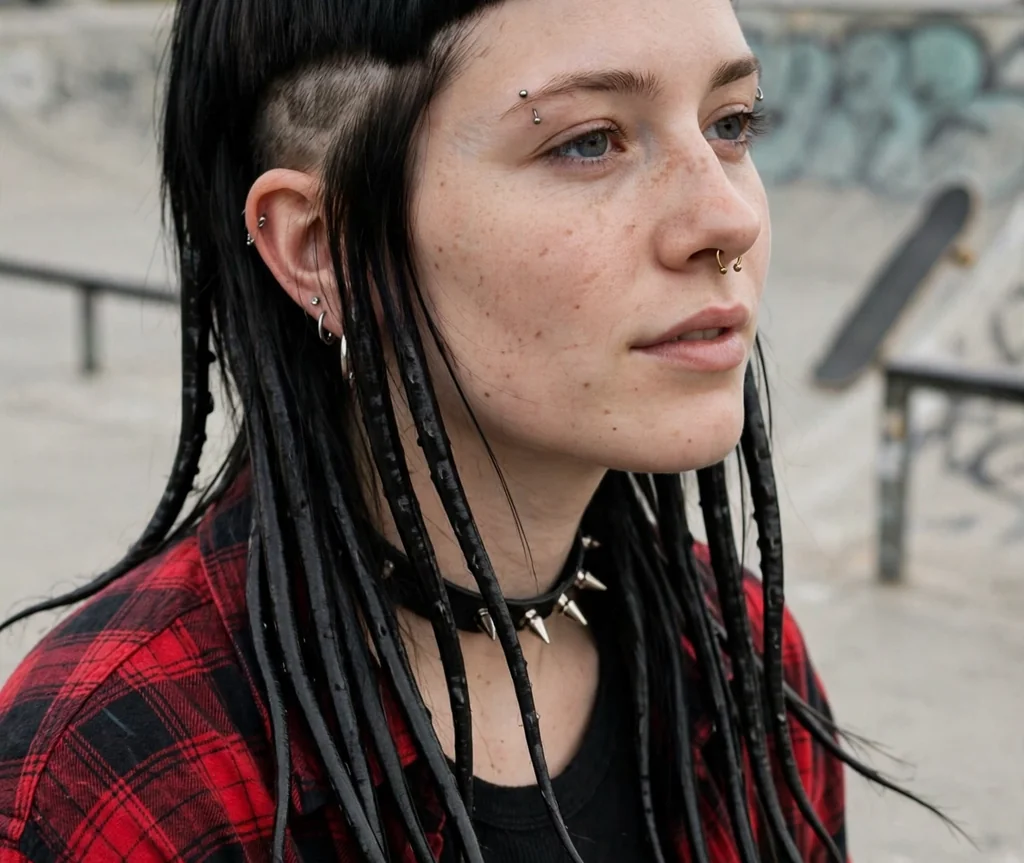 Woman with a jellyfish bob and shaved undercut at a skate park