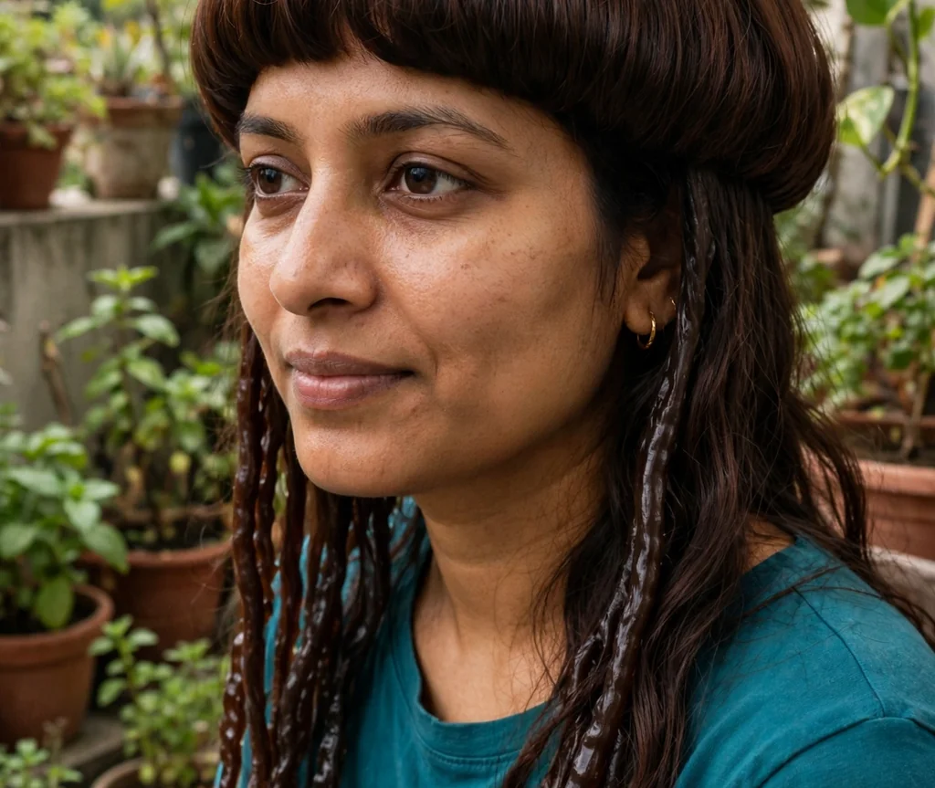 Woman with a chocolate brown jellyfish haircut in a terrace garden