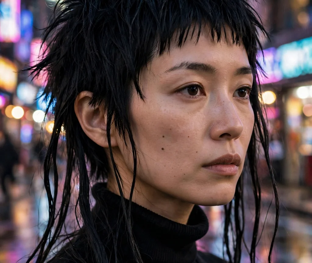 Woman with a choppy edgy jellyfish haircut on a neon-lit street