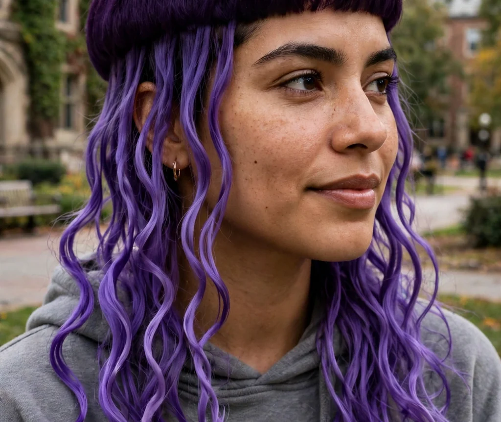 Woman with a violet purple jellyfish haircut on a university campus